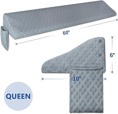 Kayfia Queen Size Pillow Wedge for Headboard Gap Bed Gap Filller (0-8") Mattress Space Filler Pillow Stopper with 2 Side Pocket Triangle Foam Pillow Wedge Between Headboard Mattress(Grey, 60"x10"x6")