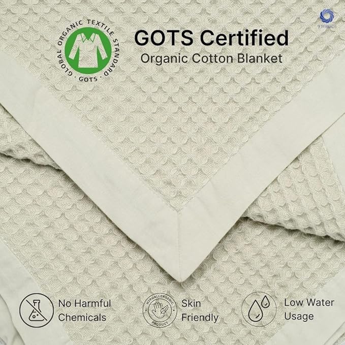 GOTS Certified Organic Cotton Waffle Weave Blanket, Throw Bed Size, 50"X60"Cozy Throw Blanket for Couch, Modern Home Decor, Throw Blankets,Comfy Waffle Blanket Soft Bed Blankets -Sea Foam