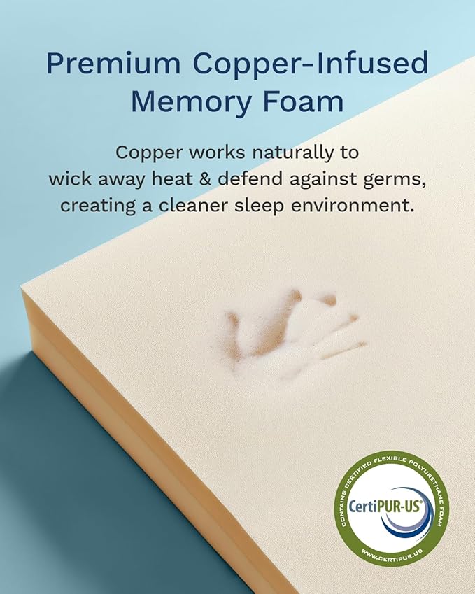 ViscoSoft 4 Inch Active Cooling Memory Foam Mattress Topper Queen - Select Copper-Infused Mattress Pad