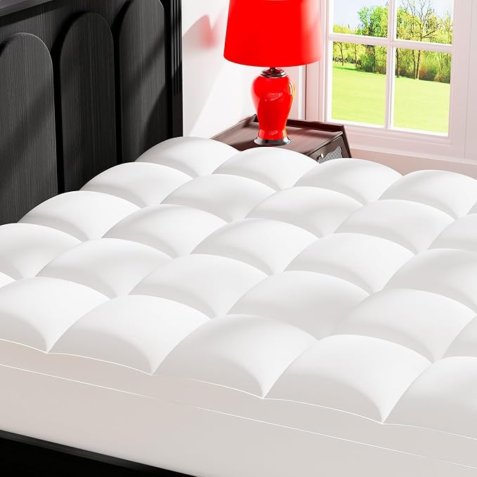 Topllen Cal King Mattress Topper for Back Pain Relief, Extra Thick Pillow Top Plush Mattress Pad with Deep Pocket, Soft Pillowtop California King Size Bed Toppers Filled Fluffy, White