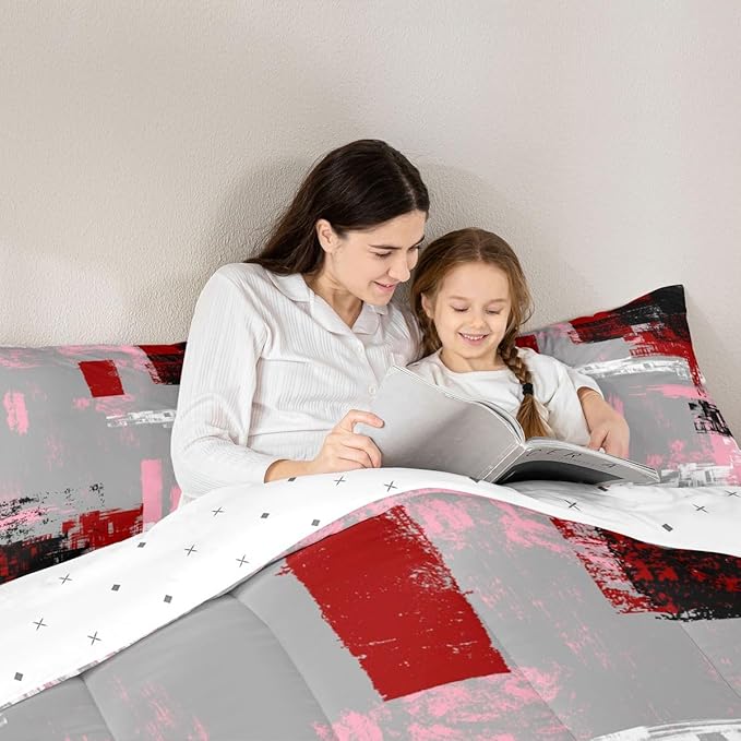 Feelyou Abstract Bedding Set Kids Modern Abstract Art Comforter Set Red Grey Pink Black Comforter for Boys Room Decor Lightweight Retro Duvet Set King Size with 2 Pillow Case