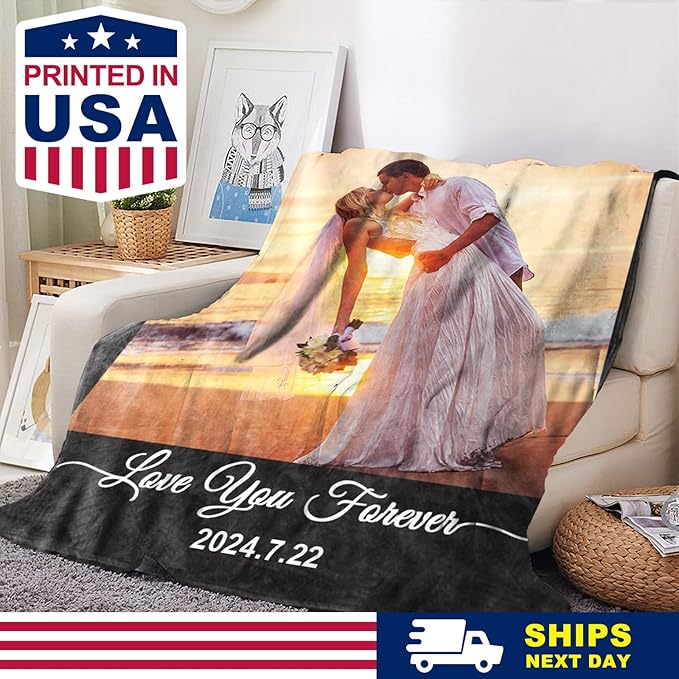 Yoke Style Ships Next Day, Custom Blanket with Photos Text, Picture Blankets Customized for Couple Gifts, Personalized Blankets and Throws Birthday Gift for Mom Dad Girlfriend Boyfriend Women Men