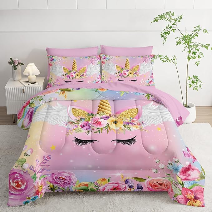 Unicorn Comforter Set Queen - 7 Pcs Floral Girls Bedding, Pink Purple Blue Girls Quilt Set, All Season Microfiber Comforter, Sheets, Pillowcases
