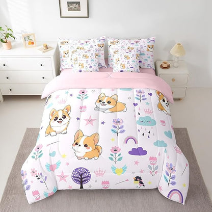 Erosebridal 7 Piece Bed in a Bag Twin Size Comforter Set for Kids Floral Corgi Dog Bedding Set,Cartoon Zoo Animal Reversible Bed Set,Cute Flower Comforter with Sheet Set,All Season