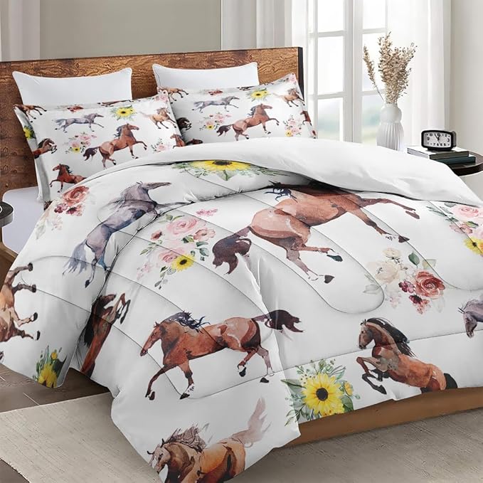 Queen Size Comforter Set with 2 Pillowcase, Vintage Horse Brown Soft 3 Pcs Bedding for Kids and Adults, Get Watercolor Run Comforter Set for Room Bedroom Bed Decor