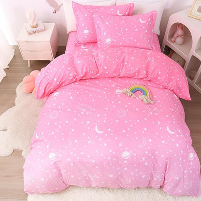 JSD Pink Stars Kids Duvet Cover Set Full Size, 3 Piece Girls Space Theme Microfiber Comforter Cover with Pillow Shams Zipper Closure, Comforter Not Included