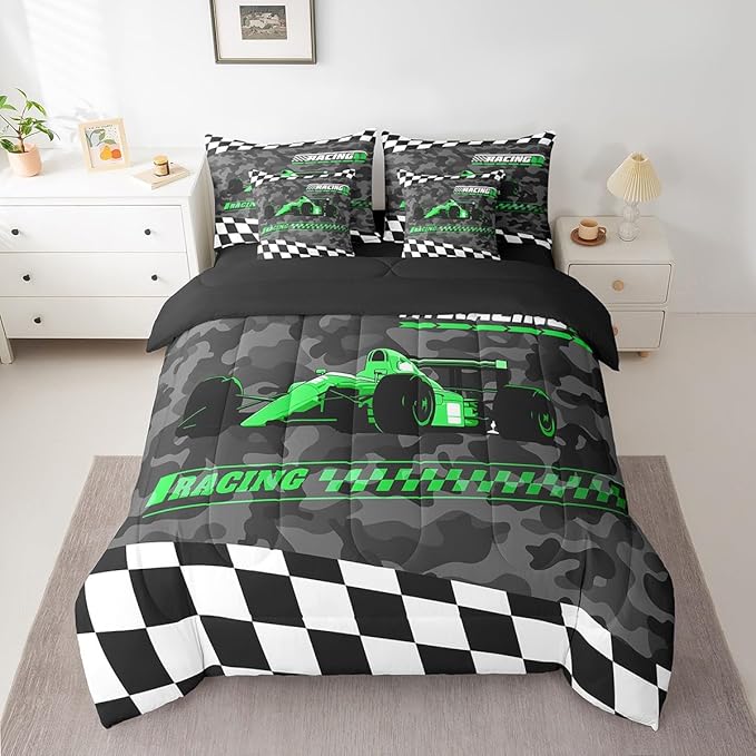 Feelyou Green Racing Car 7 Piece Bedding Set King Size Kids Boys Cartoon Race Car Comforter Set with Sheets for Teens Toddler Extreme Sports Bed in a Bag Camouflage Bed Set