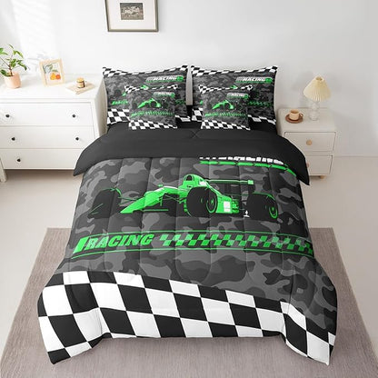 Feelyou Green Racing Car 7 Piece Bedding Set King Size Kids Boys Cartoon Race Car Comforter Set with Sheets for Teens Toddler Extreme Sports Bed in a Bag Camouflage Bed Set