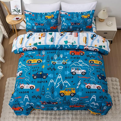 NTBED 5 Pieces Racing Cars Comforter Set Full for Boys Kids Bed in a Bag Vehicles Transportation Lightweight Microfiber Bedding Sets,Blue