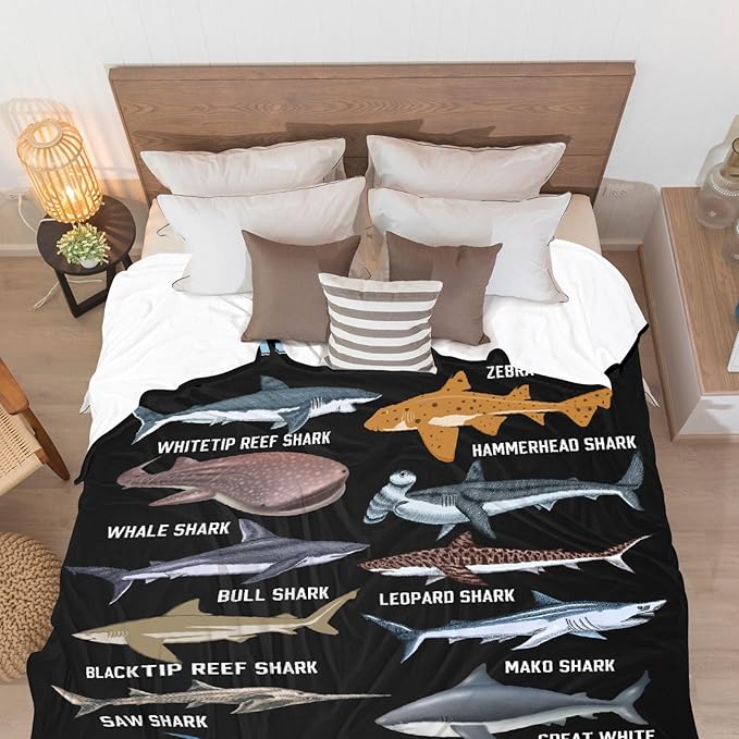 Shark Blanket for Adult Kids Shark Gifts for Shark Lovers Warm Plush Sharks of The World Throw Blanket for Couch Bedding Room Decor Shark Plush Gifts for Boys Birthday Decor 50"x60"-M