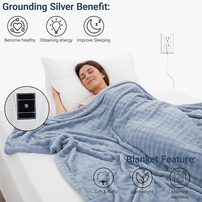 Grounding Blanket Grounding Sheets Queen, Grounding Throw for Improved Sleep, Relieving Pain,Conductive Grounded Mat for Bed with Grounding Wire (Blue, Adult)