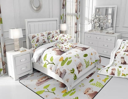 Lovely Otter Comforter Set Watercolor Green Lotus Leaf Plants Bedding Set for Kids Boys Girls Teens Cartoon Wild Butterfly Dragonfly Animals Microfiber Duvet Set with 2 Pillowcases Full Size 3 Pcs