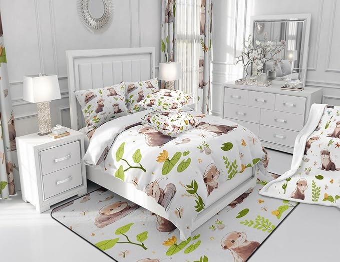 Lovely Otter Comforter Set Watercolor Green Lotus Leaf Plants Bedding Comforter for Kids Boys Girls Teens Cartoon Wild Butterfly Dragonfly Animals Bedroom Quilt Set with 2 Pillowcases King Size 3 Pcs