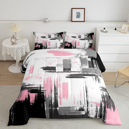Feelyou Abstract Bedding Set Kids Modern Abstract Art Comforter Set Pink White Black Comforter for Boys Room Decor Lightweight Retro Duvet Set Toddler Size with 1 Pillow Case