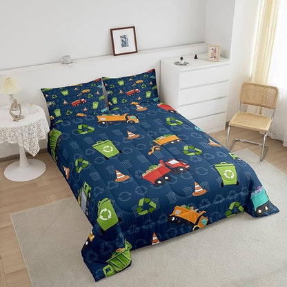 Erosebridal Kids Bedding Full Size Garbage Truck Comforter Set, Cartoon Car Vehicles Bedding Comforter Sets for Boys Girls Trash Waste Management Vehicle Duvet Set Refuse Classification Quilt 3Pcs