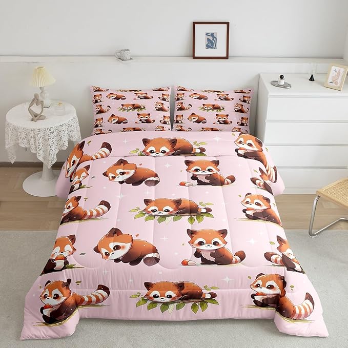 Castle Fairy Cute Raccoon Comforter Set Twin Size 2 Pcs Watercolor Lovely Wild Animals Decor Bedding Set for Kids Girls Teens Glitter Stars Green Leaves Pink Microfiber Duvet Set with 1 Pillowcase
