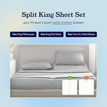 California Design Den Split King Sheets for Adjustable Bed, Natural 100% Cotton Sheets, 400 Thread Count Sateen, Deep Pockets with All Around Elastic for a Snug Fit, Durable Bedding Set - Light Grey