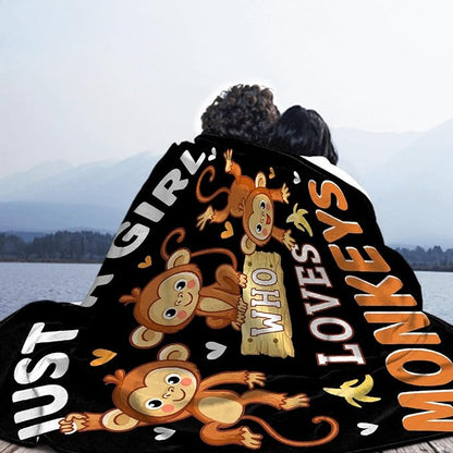 Monkey Blanket for Girls Just A Girl Who Loves Monkeys Gifts for Kids Women Soft Lightweight Comfortable Throw Blanket for Bedding Sofa Camping 50x60inches