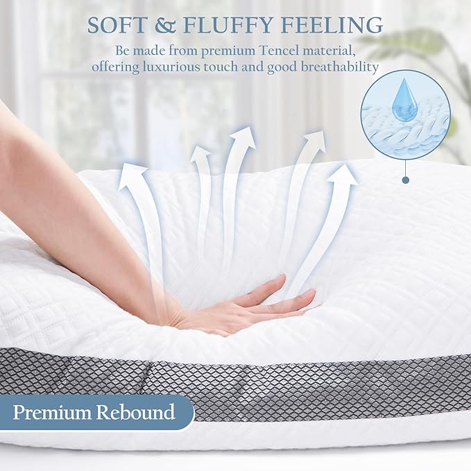 Tencel Standard Pillows Set of 2, Shredded Memory Foam Pillows, Adjustable Bed Pillow for Sleeping, 18"x26"Cooling Tencel Circular Knit Pillows for Side, Back, Stomach Sleepers