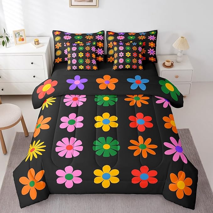 Feelyou Cute Flower 7 Piece Bedding Set Twin Size Colorful Flower Comforter Set with Sheets for Kids Boys Girls Black Colorful Bed in a Bag Kawaii Theme Bed Set