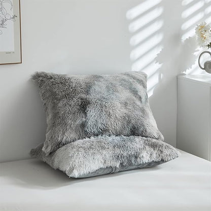 Wajade Faux Fur Plush Tie Dye Grey White Comforter Set Fluffy Fuzzy Shaggy Bedding Set - 3PC Full/Queen Microfiber Soft Warm Quilt Set