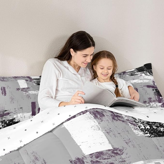 Feelyou Abstract Bedding Set Kids Modern Abstract Art Comforter Set Purple Grey Black Comforter for Boys Room Decor Lightweight Retro Duvet Set Full Size with 2 Pillow Case