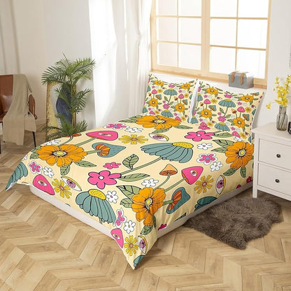 Castle Fairy 70s Floral Duvet Cover Set King Size, Hippie Flowers Leaves Comforter with 2 Pillowcases Bedding Set, Cartoon Eyes Mushroom Microfiber Quilt Cover, 3 pcs (No Comforter)