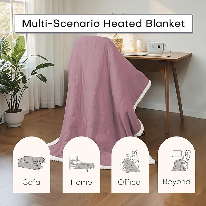 Electric Heated Blanket Throw Size 50"x60" - Dual-Sided with Microplush & Sherpa Fabric, 4 Heat Settings & 3 Hours Auto Off, Machine Washable - Berry