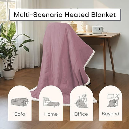 Electric Heated Blanket Throw Size 50"x60" - Dual-Sided with Microplush & Sherpa Fabric, 4 Heat Settings & 3 Hours Auto Off, Machine Washable - Berry