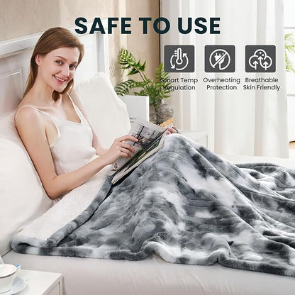 Electric Heated Blanket 62"x84",Luxury Grey Twin Faux Rabbit Fur Electric Blanket,Fast Heating Soft Fluffy Thick Electric Blanket with 6 Heating Levels & 12H Auto Off