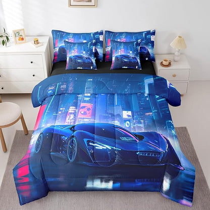 Feelyou City Racing Car 7 Piece Bedding Set Queen Size Blue Sport Car Comforter Set with Sheets for Adult Kids Boys Teens Fast and Furious Bed in a Bag Luxury Car Bed Set
