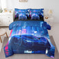 Feelyou City Racing Car 7 Piece Bedding Set Queen Size Blue Sport Car Comforter Set with Sheets for Adult Kids Boys Teens Fast and Furious Bed in a Bag Luxury Car Bed Set