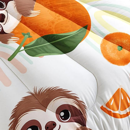 Cute Brown Sloth Bedding Animal Orange Butterfly Comforter 3Pcs Queen Rainbow Sweet Pattern Bedding Set for Kids Teens Girls Boys Bed Decor Tangerine Quilt with 1 Comforter and 2 Pillowcases