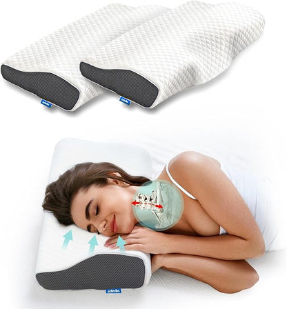 Derila Cervical Neck Pillow for Sleeping 2 Pack - Support Pillow for Back, Stomach, Side Sleeper Contour Memory Foam Pillows (2 Pillows, Standard (19.7" x 11.8" x 3.9"))