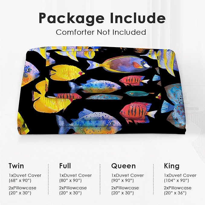 Ocean Tropical Fish Theme 3 Pieces Duvet Cover Comforter Set with 2 Pillowcase King Size Sea Nautical Fishing Bed Sheet Quilt Bedroom Bedding for Lover Kids