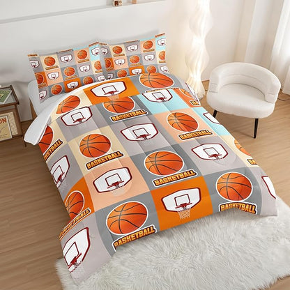 Basketball Bedding Kids Comforter Set King Size,Sports Style Basketball Printing Bedding Set for Teens Boys Room Decor,Ball Sports Games Comforter Set Soft Kids Bedding with 2 Pillowcases.