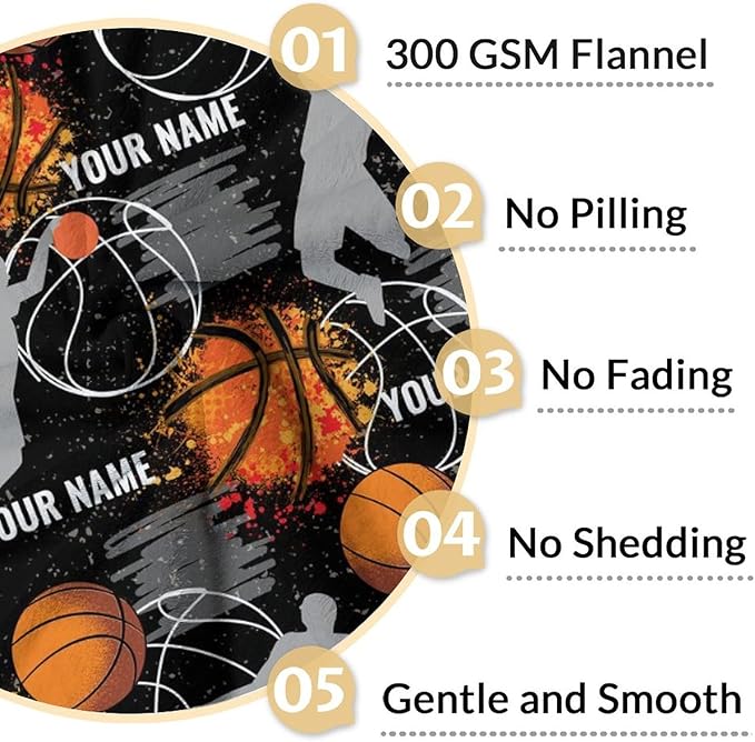 Custom Basketball Blanket Gifts with Name - 60x50 Inches Cute Throw Blanket for Basketball Lover Kids Adults Teens - Black Soft Fuzzy Sport Blankets for Couch Sofa Bed