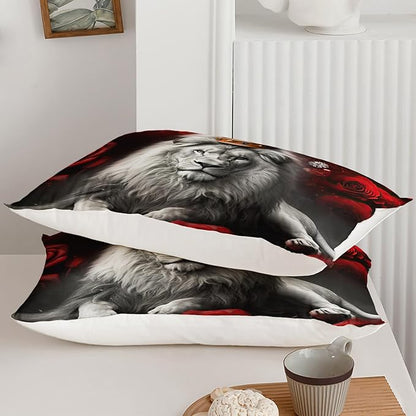 Wild Lion Comforter Set Full Size, 3Pcs Animal Lion and Red Rose Bedding Set for Women and Adults, Cheetah Soft Comforter Set for Bedroom Bed Decor, 1 Comforter+ 2 Pillowcases.