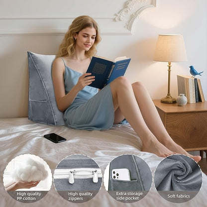 Wedge Headboard Reading Pillow for Bed Velvet Triangular Backrest Bolster Pillow for Sitting Up Daybed Cushion Lumbar Body Support Positioning for Headboard, Couch, Dorm, Grey