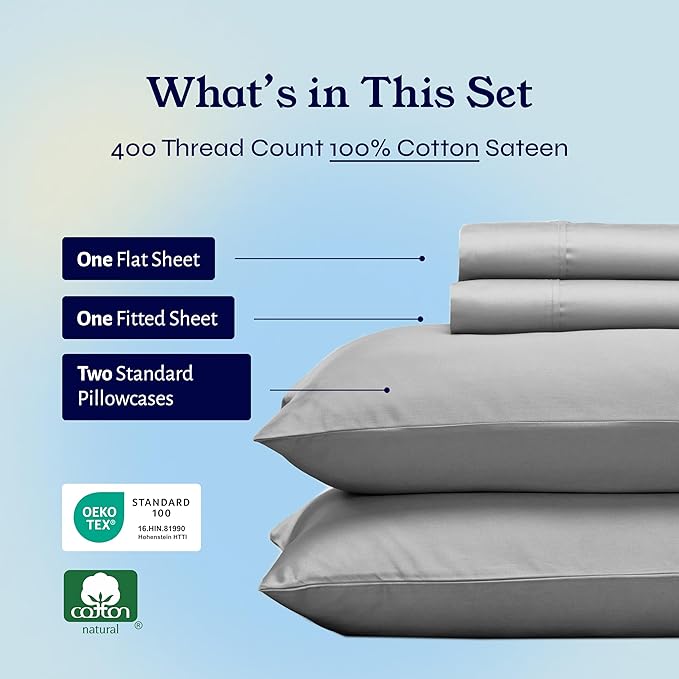 California Design Den Natural 100% Cotton Sheets, Full Size Sheets Set, 400 Thread Count Sateen Bedding, Deep Pockets with All-Around Elastic for a Snug Fit, Durable Bed Set - Light Grey