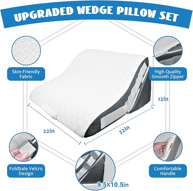 Wedge Pillow, 9&12" Adjustable Bed Wedge Pillow for Sleeping, Ergonomically Triangle Pillow for Back Pain Relief, Memory Foam Pillow Wedge for Post Surgery, Acid Reflux and Snoring, White/Grey