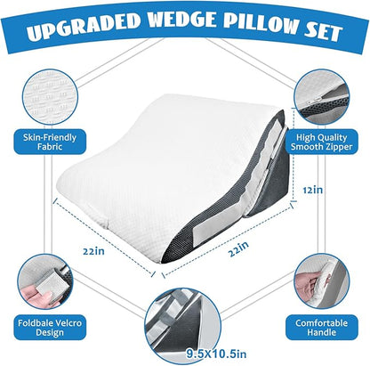 Wedge Pillow, 9&12" Adjustable Bed Wedge Pillow for Sleeping, Ergonomically Triangle Pillow for Back Pain Relief, Memory Foam Pillow Wedge for Post Surgery, Acid Reflux and Snoring, White/Grey