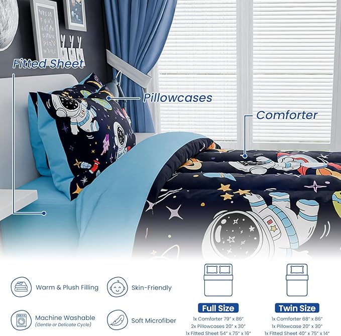 SANDJEST Astronaut Bedding Sets for Boys, Ultra Soft Microfiber Comforter Set with 3-Pieces, Comforters Sets for Kids Children Boy Bedroom Decor