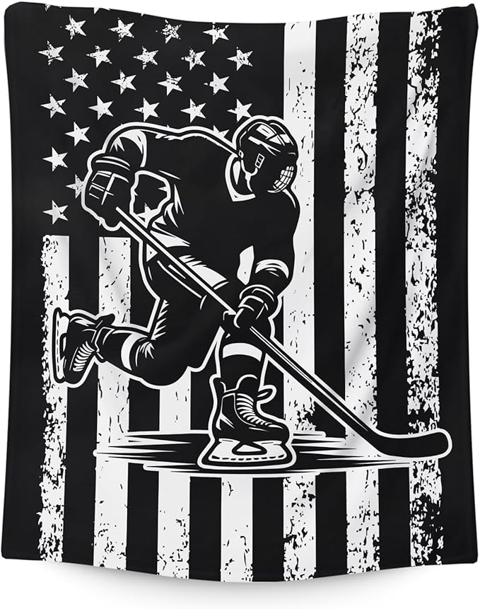 Hockey Gifts for Kids Boys - 50x40 Inches Small Soft Fuzzy Flannel Blankets Accessories Decor Sports Throws for Travel Camping