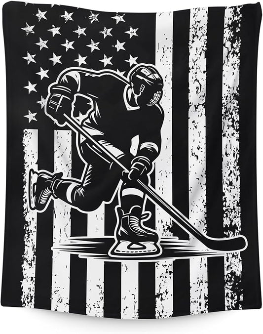 Hockey Gifts for Kids Boys - 50x40 Inches Small Soft Fuzzy Flannel Blankets Accessories Decor Sports Throws for Travel Camping