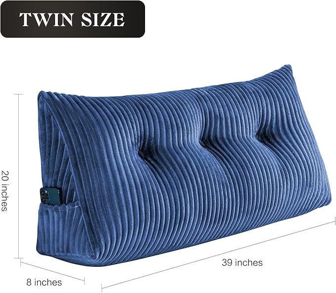 SLIGUY Large Headboard Pillow, Headboard Wedge Pillow Bed Rest Reading Pillow Bolster Triangular for Sitting in Bed-Backrest Positioning Support Long Pillow for Daybed (Twin: 40x8x20 Inches,Blue)