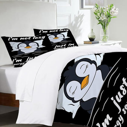 Penguin Theme 3 Pieces Duvet Cover Comforter Set with 2 Pillowcase Queen Size Cute Penguin Bed Sheet Quilt Bedroom Bedding for Lover Kids