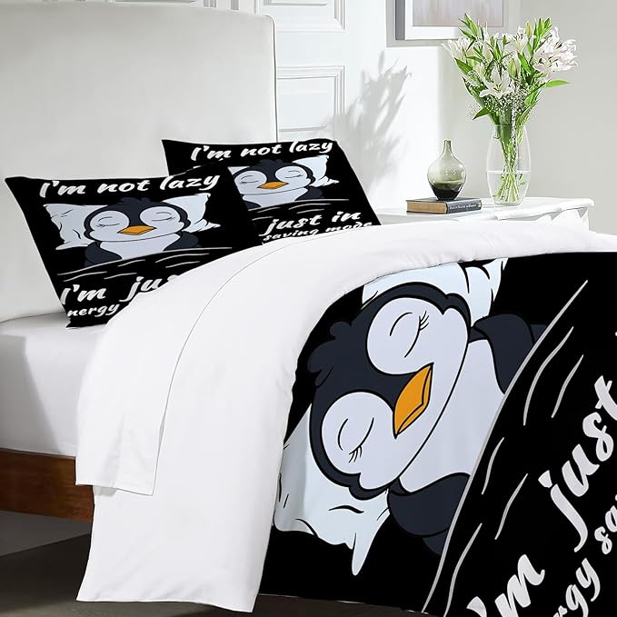 Penguin Theme 3 Pieces Duvet Cover Comforter Set with 2 Pillowcase Twin Size Cute Penguin Bed Sheet Quilt Bedroom Bedding for Lover Kids