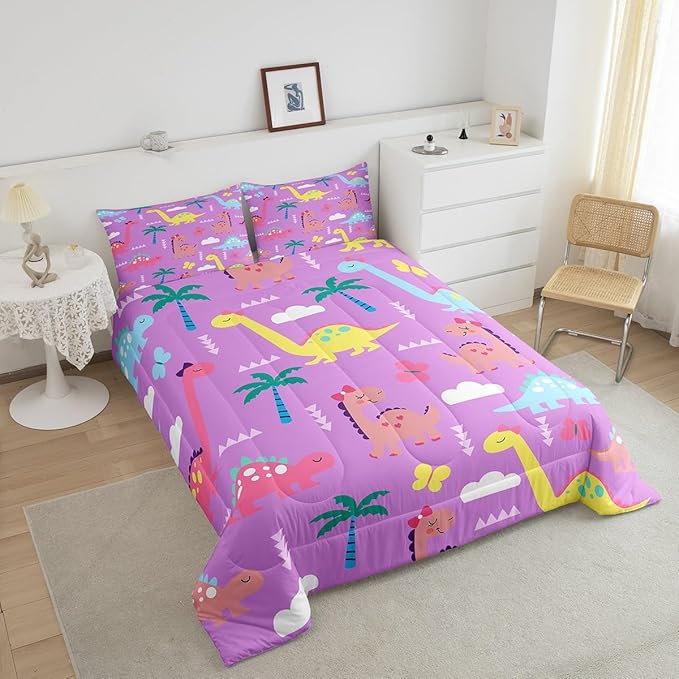 Castle Fairy Kawaii Dino Kids Comforter Set Queen Size,Cartoon Dinosaur Wild Animal Reversible Bedding Set for Girls Bedroom Decor Lovely Cloud Coconut Tree Purple Quilted Duvet,2 Pillowcases