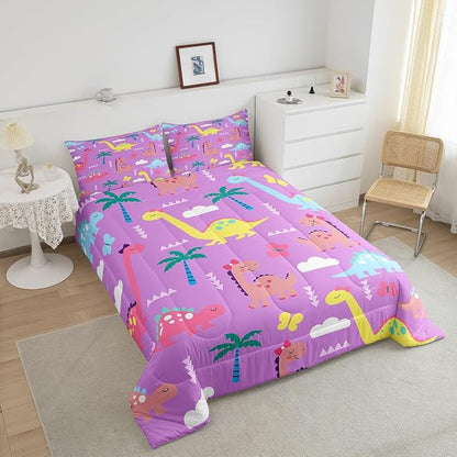 Castle Fairy Kawaii Dino Kids Comforter Set Twin Size,Cartoon Dinosaur Wild Animal Reversible Bedding Sets for Teens Bedroom Decor,Lovely Cloud Coconut Tree Purple Quilted Duvet,1 Pillowcase